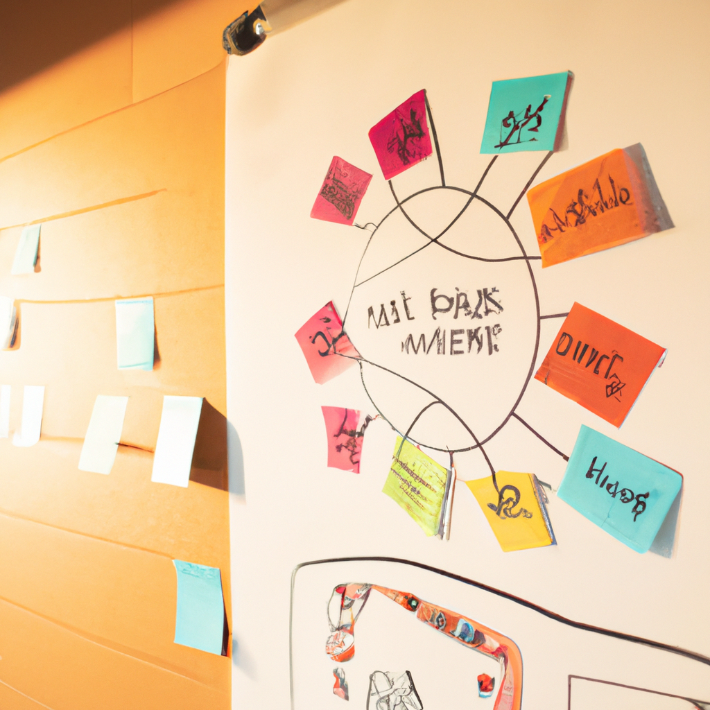 Our team collaborating around a whiteboard filled with colorful funnel diagrams and sticky notes in a bright modern office